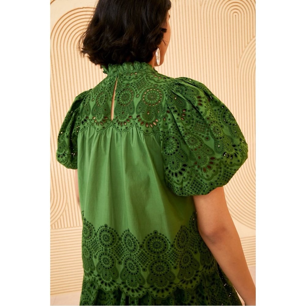 Ulla Johnson Mischa Top - Green Puff Sleeve Loose Fit Eyelet Cotton Blouse sz 2 - Picture 3 of 11